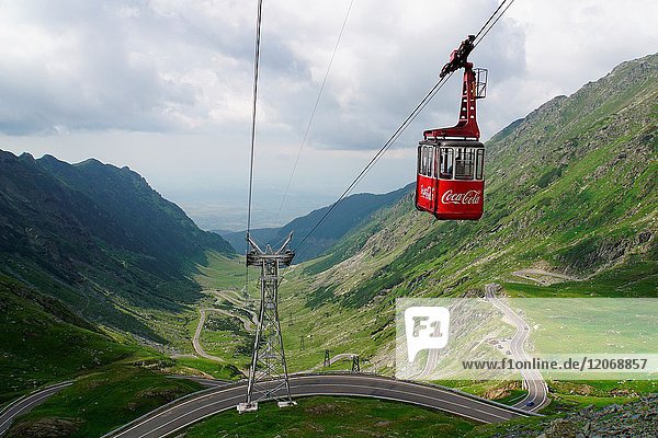 Cable car over Fagaras mountains road Romania.