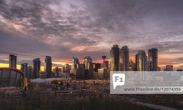 Skyline at sunset  Calgary  Alberta  Canada  North America