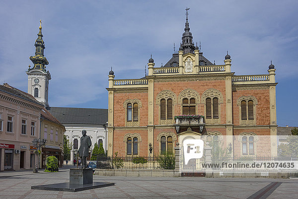 Bishop's Palace Zmaj statue and Orthodox Cathedral Novi Sad Vojvodina Serbia Europe