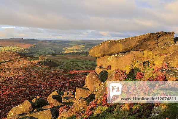 Higger Tor and Hathersage Moor autumn sunrise Peak District National Park Derbyshire England United Kingdom Europe