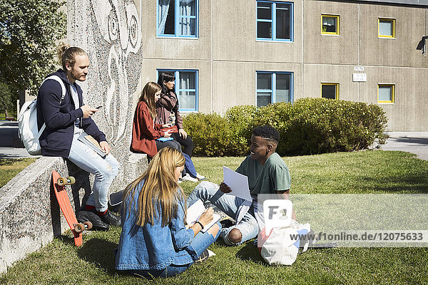 University students talking while sitting at campus