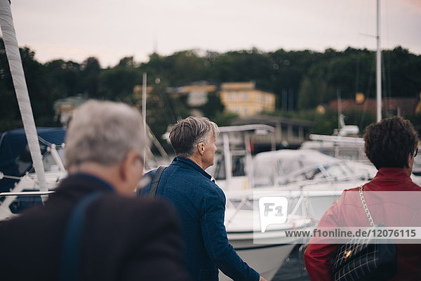 Rückansicht von älteren Frauen und Männern  die am Hafen spazieren gehen