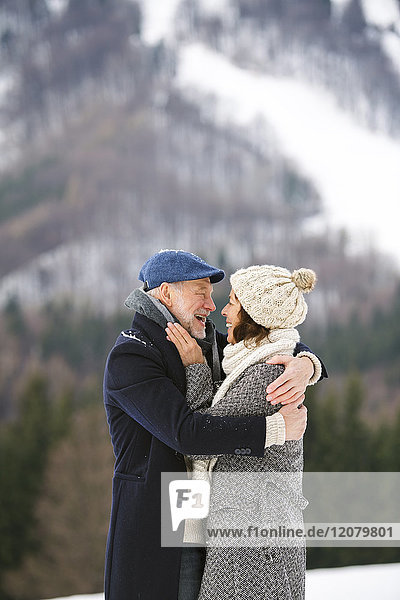Happy senior couple in winter landscape