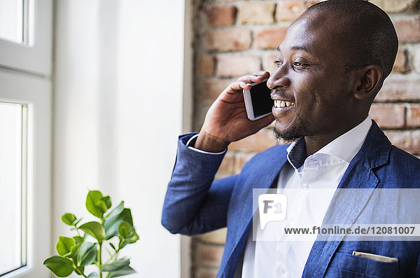 Smiling businessman on cell phone at the window