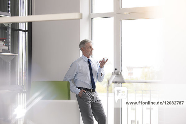 Mature businessman standing in office  using smartphone