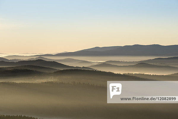 Deutschland  Bayern  Niederbayern  Nationalpark Bayerischer Wald  bei Finsterau  Blick vom Siebensteinkopf  Morgennebel und Nationalpark Sumava in Tschechien