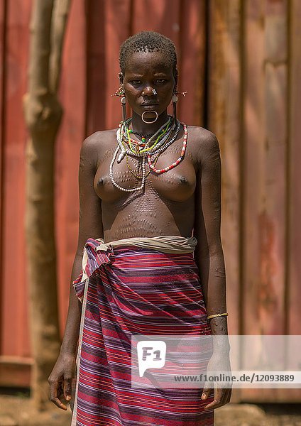 Portrait of a sudanese Toposa tribe woman refugee with scarifications on her body  Omo Valley  Kangate  Ethiopia.
