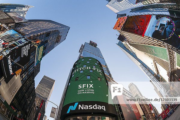 The video screen of the Nasdaq exchange in New York displays advertising for the first day of sale of the Stitch Fix initial public offering on Friday  November 17  2017. The opening price of $16. 90 values Stitch Fix at about $1. 63 billion. Stitch Fix is a subscription box service providing customers monthly shipment of clothing based on their style preferences. Subscription services suffer from the high cost of obtaining and retaining customers. (© Richard B. Levine).