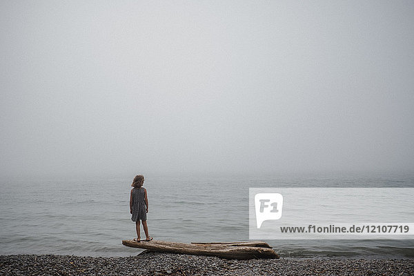 Mädchen steht auf Treibholz und schaut aufs Meer