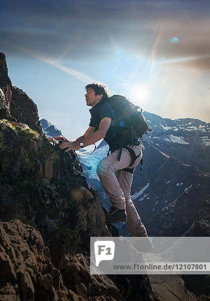 Erwachsener männlicher Bergsteiger beim Klettern am Jegihorn  Wallis  Schweiz