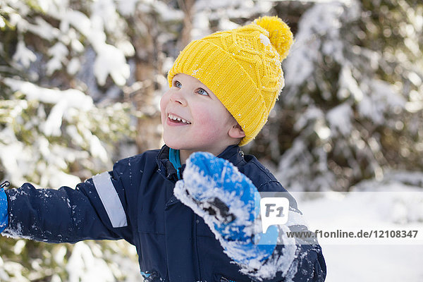 Boy in yellow knit hat looking up in snow covered forest