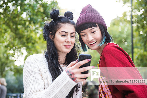 Zwei junge stilvolle Frauen schauen sich im Stadtpark ein Smartphone an