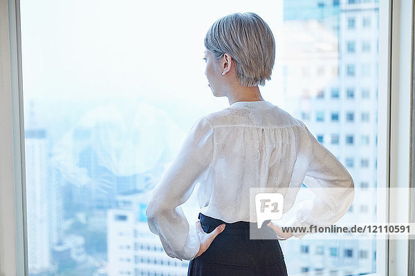 Rear view of businesswoman  hands on hips  looking out of window