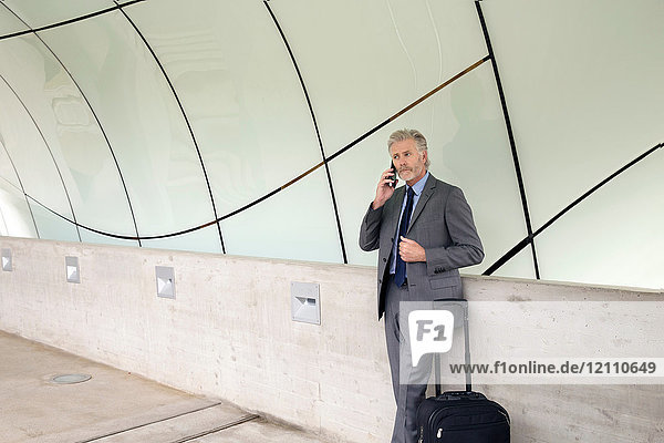 Businessman with suitcase making telephone call on smartphone