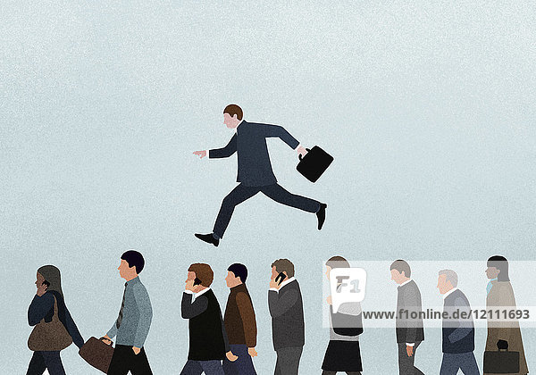 Illustration eines Geschäftsmannes  der vor blauem Hintergrund über Menschen springt.