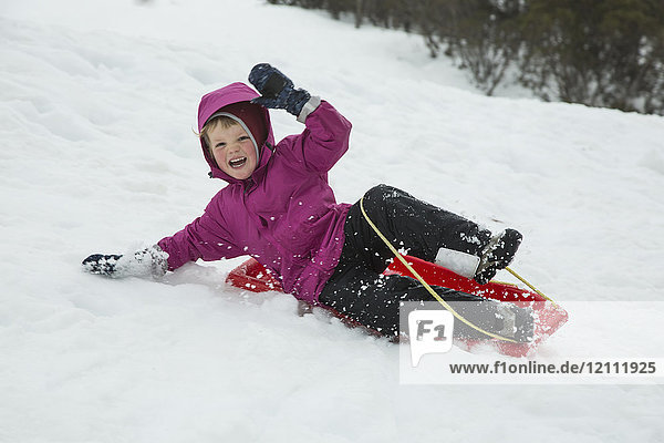 Cheerful boy tobogganing on snow covered field