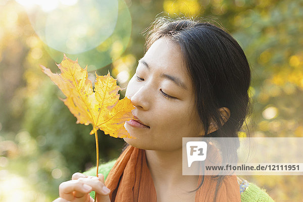 Nahaufnahme einer jungen Frau mit geschlossenen Augen  die an einem sonnigen Tag ein trockenes Ahornblatt im Park hält.