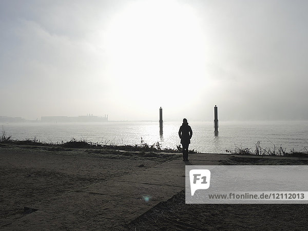 Rückansicht einer Frau  die auf einer Strandpromenade am Meer gegen den Himmel steht  Hamburg  Deutschland