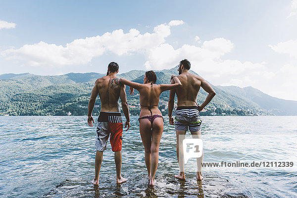 Rückansicht von drei jungen erwachsenen Freunden  die im Comer See stehen  Como  Lombardei  Italien