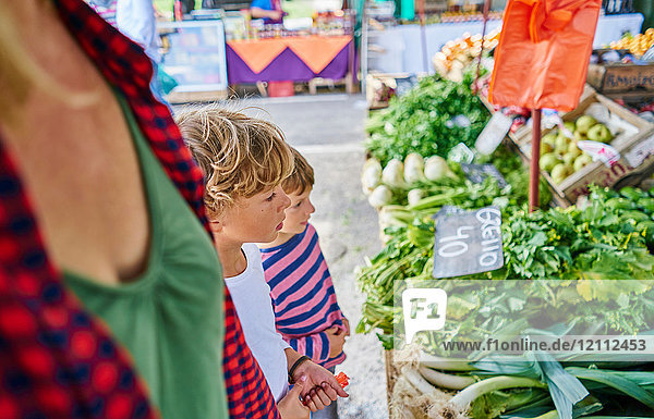 Mutter und Söhne kaufen am Obst- und Gemüsestand auf dem Markt ein  Montevideo  Uruguay  Südamerika