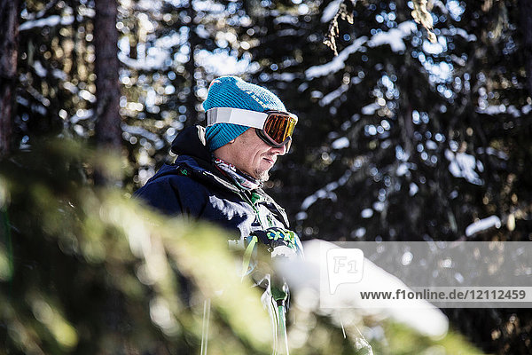 Portrait of skier beside trees  looking at view