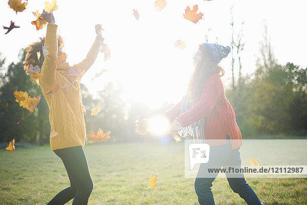 Friends throwing autumn leaves in air