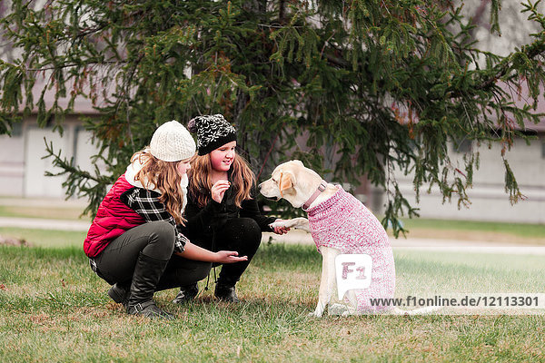 Mädchen und ihre Schwester kauern  um im Garten eine Hundepfote zu halten