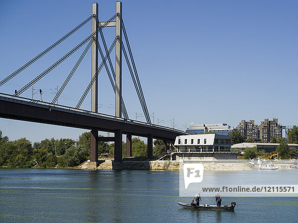 Men in a boat in the Sava River with a bridge crossing and blue sky; Belgrade  Vojvodina  Serbia