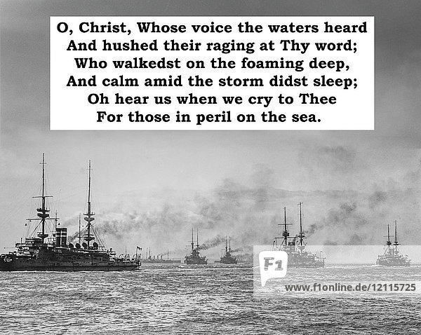 Text der Navy-Hymne Eternal Father  Strong to Save mit einem Hintergrund von Schiffen auf dem Meer