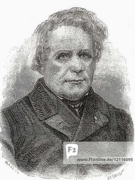 Heinrich Daniel Ruhmkorff  1803 - 1877. Deutscher Instrumentenbauer und Erfinder der Induktionsspule. Aus Les Merveilles de la Science  veröffentlicht 1870.