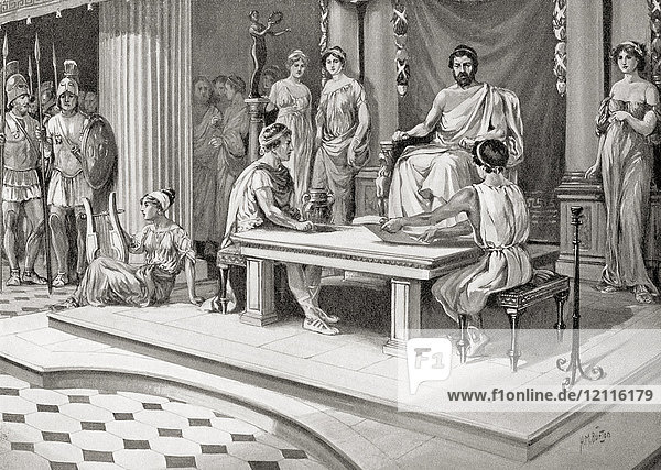 Jason von Pherae  gest. 370 v. Chr.  Herrscher von Thessalien  hält Hof und schlichtet einen Streit zwischen zwei seiner Untertanen. Aus Hutchinson's History of the Nations  veröffentlicht 1915.