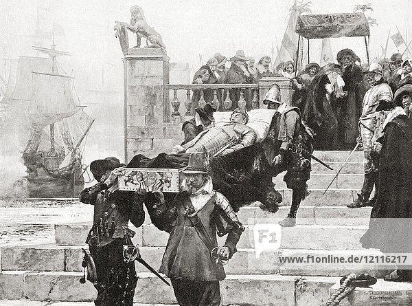 Conveying the body of Gustavus Adolphus to the ship at Wolgast for transfer to Sweden after his death at The Battle of Lützen November 6 1632. Gustav II Adolf 1594 – 1632 aka Gustavus Adolphus or Gustav II Adolph. King of Sweden from 1611 to 1632. From Hutchinson's History of the Nations published 1915.