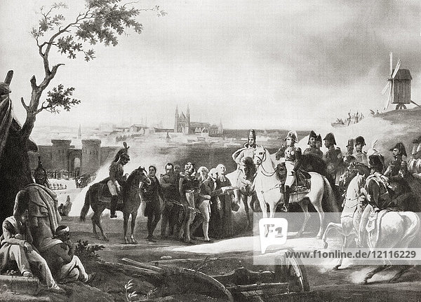 The surrender of Magdeburg Kingdom of Prussia after a siege by the French in 1806. From Hutchinson's History of the Nations published 1915.