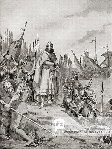 King Erik IX of Sweden lands on the coast of Finland 1157. Eric IX of Sweden d. 1160 aka Eric the Lawgiver Erik the Saint Eric the Holy. Swedish king c. 1156-60. From Hutchinson's History of the Nations published 1915.