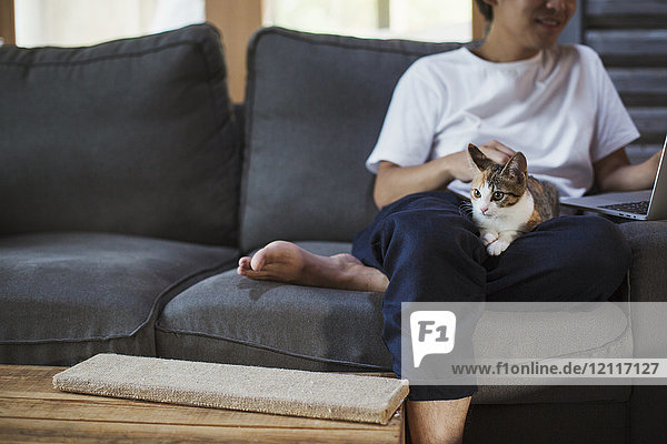 Man sitting on grey sofa  calico cat with white  black and brown fur on his lap.