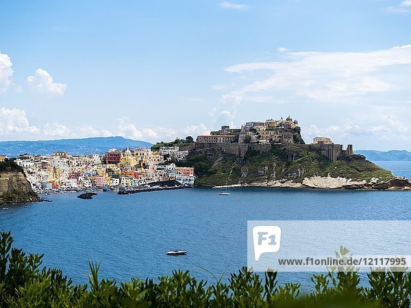 Blick auf die Insel Procida mit ihren bunten Häusern  dem Hafen und der Marina di Corricella auf der Rückseite des Berges die Gefängnisse der Insel Procida  Insel Procida  Phlegräische Inseln  Golf von Neapel  Kampanien  Italien  Europa