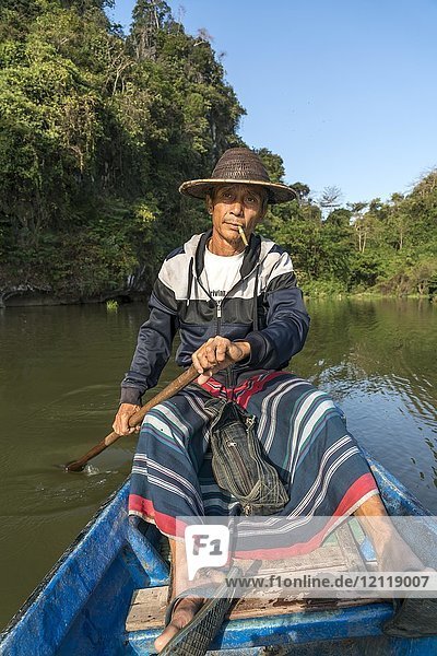 Local rowers on the lake near Saddan Cave  Hpa-an  Myanmar  Asia