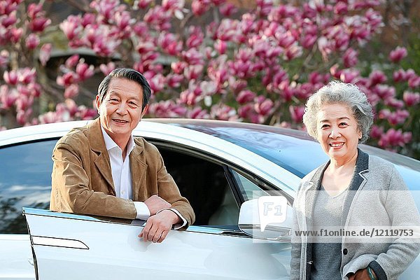 The old couple stood by the car