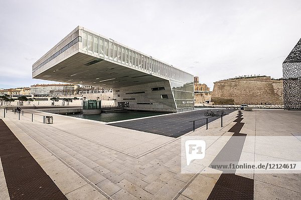 Modernist Architecture of the Villa Mediterranée Conference Center Designed by Stefano Boeri (2013) at Dusk Marseille France.