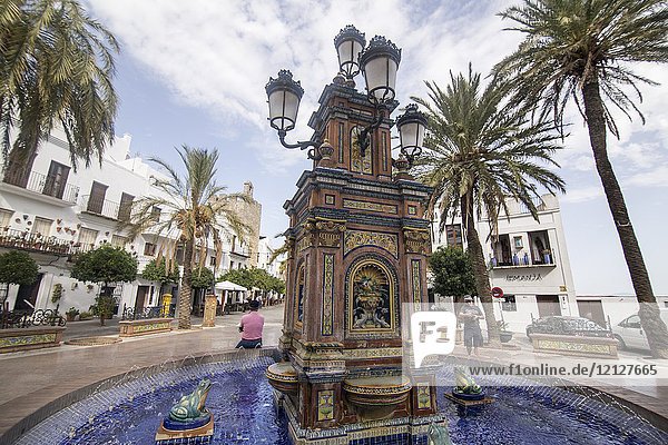 Vejer de la Frontera white village in Cadiz province Andalusia Spain Fountain at Spain square