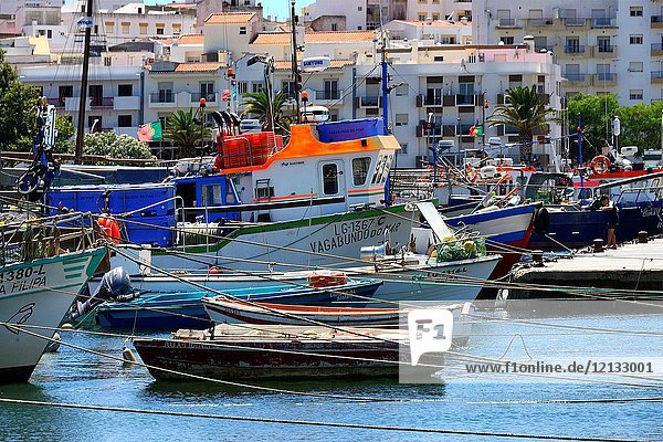 Traditional fishing boats moored in the harbour  in background old town  Lagos  Algarve  Portugal  Europe