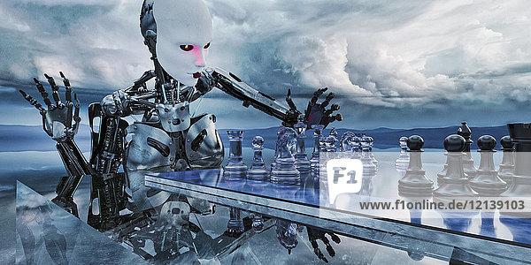 Roboterfrau spielt Schach in Wolken