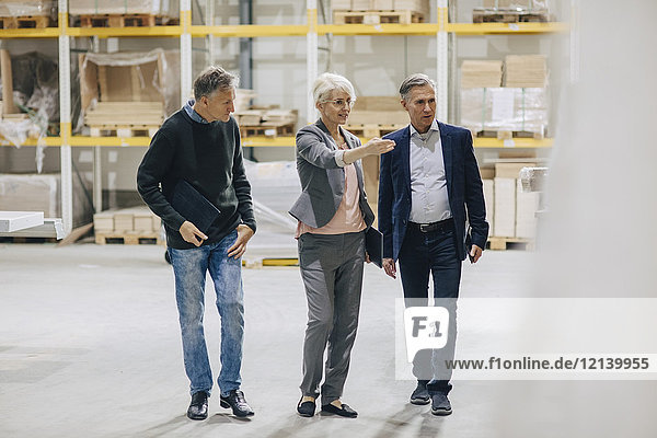 Volle Länge der Geschäftsfrau gestikuliert während der Diskussion mit Kollegen in der Industrie