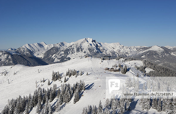 Austria  Upper Austria  Salzkammergut  Gosau  Ski area Dachstein-West  View to Dachstein and Gosaukamm