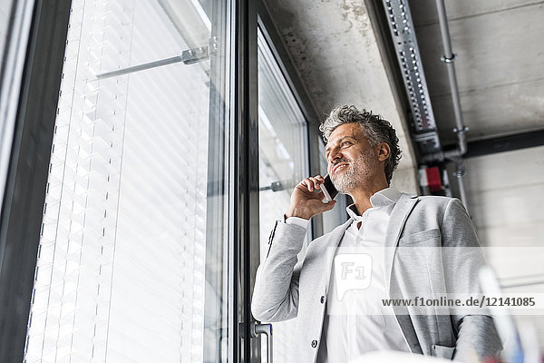 Smiling mature businessman on cell phone at the window in office