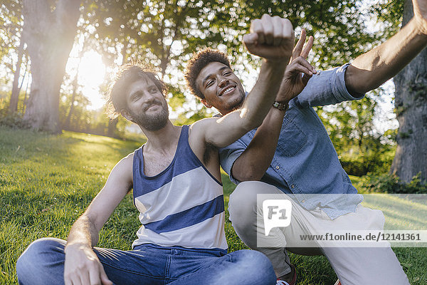 Zwei glückliche Freunde  die für einen Selfie in einem Park posieren.