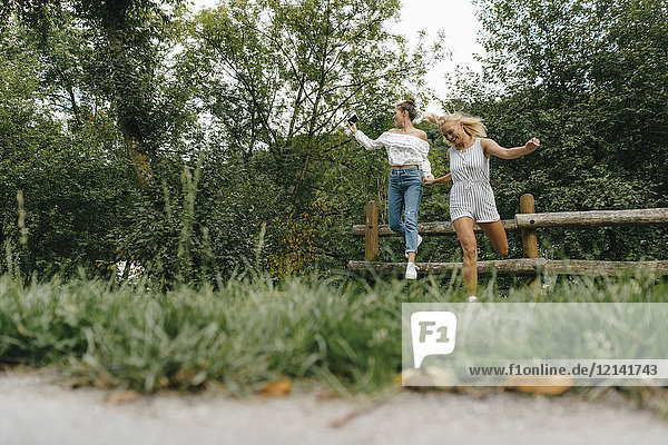 Zwei glückliche junge Frauen  die vom Zaun in einem Park springen.