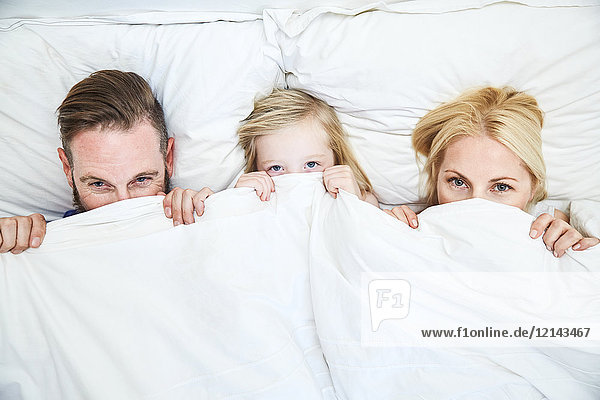 Portrait of family lying in bed hiding under blanket