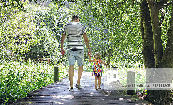 Vater geht mit seiner kleinen Tochter auf einem Holzsteg auf dem Land spazieren.