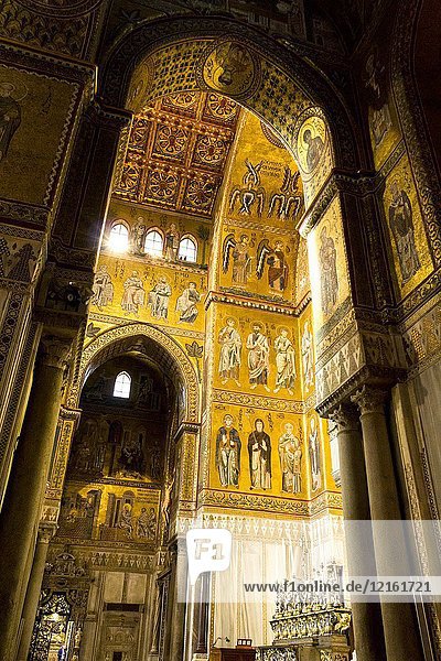 The cathedral interior with the largest cycle of Byzantine mosaics extant in Italy. Monreale  Sicily. Italy.